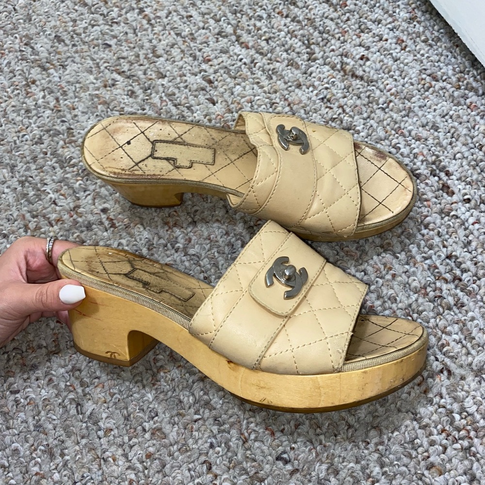 Chanel beige quilted leather mules
